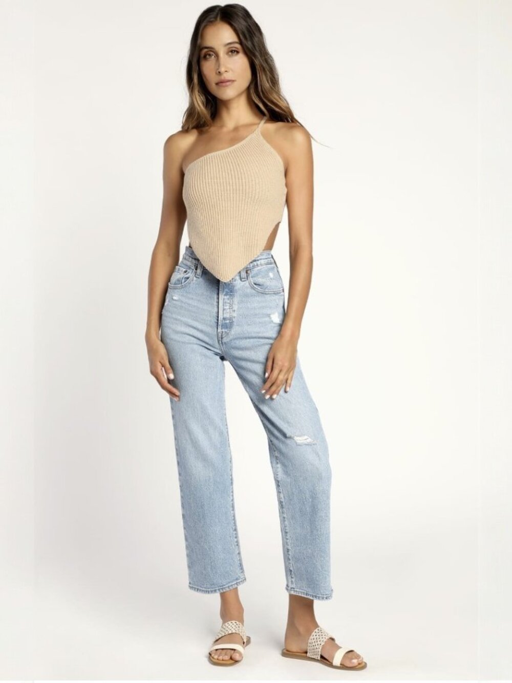 Lulus Giving Gorgeous Beige Knit Pointed-Hem One-Shoulder Crop Top NWT - Picture 1 of 6